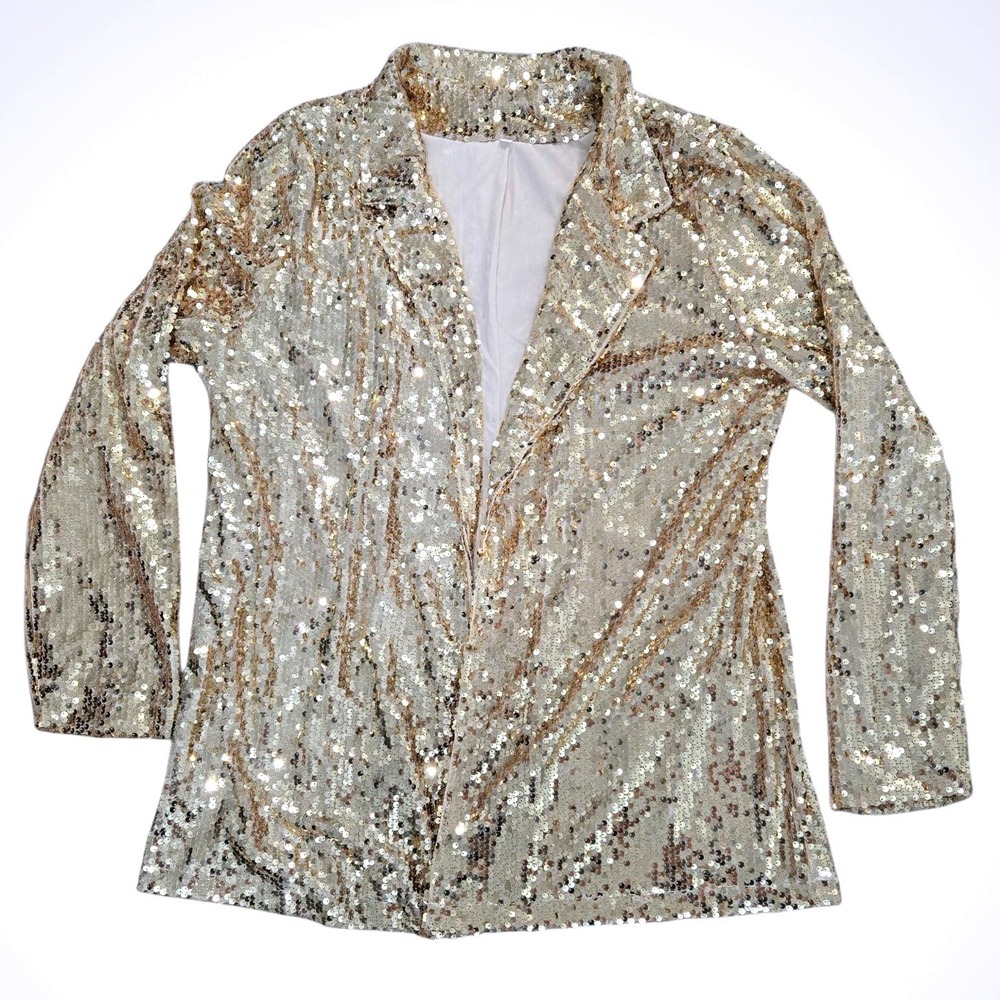 Gold Sequin Blazer Women Open Front Notched Lapel Party Jacket Sparkly
